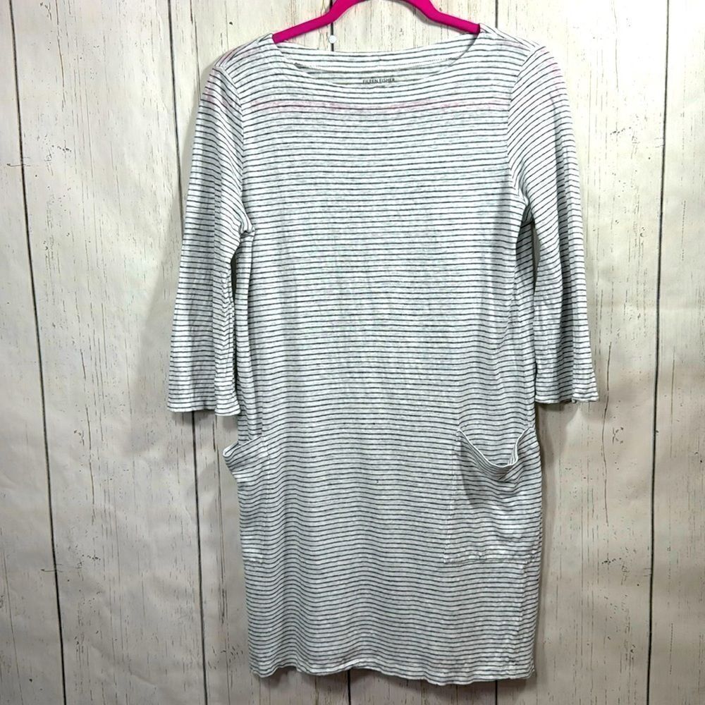 Eileen Fisher 100% Organic Linen Striped Quarter Sleeve Pockets Nautical Top